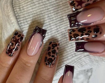 Burgundy Leopard Print Press On Nails | Dark Cherry Star Pattern Fake Nails | Long Square French Tip Y2K Baddie Custom Reusable Nails