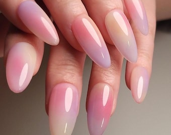 Simple airbrush press on nails, pink purple yellow ombre color reuse nails, jelly fake nails,hand painted candy color bloom nail