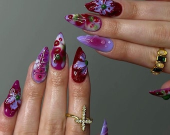 Dreamy Purple Flower Press On Nails, 3D Ombre Glue On Nail, Spring Nail, Adorable 3D Raised Art, 3D Gel Fairycore Fake Nail