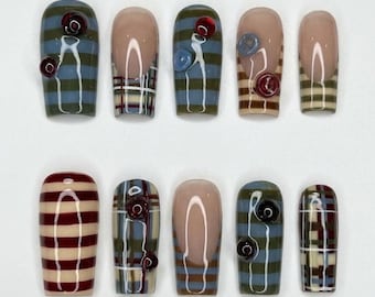 Handmade Plaid Nails / Vintage Press On Nails / Indie Aesthetic Nails / Striped Checkered Nails / Autumn Neutral Nail Set