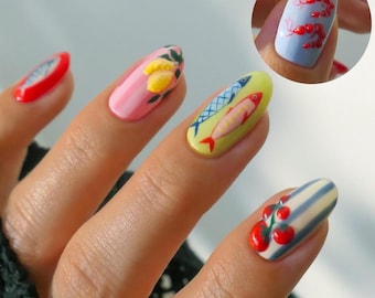 Playful Summer Press On Nails | Handpainted Sardine, Lemon & Cherry Nail Art | Coastal Striped Nails | Colorful Fruit Fish Nails