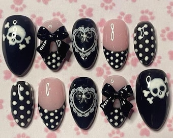 Cute Gothic Press On Nails | Black Pink Skull Bow Nails | Kawaii Polka Dot Fake Nails | Handmade Coffin Set