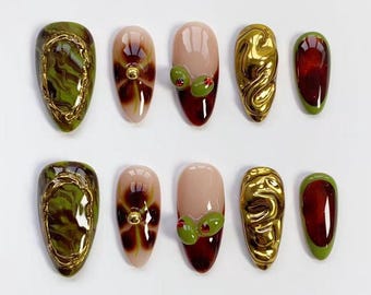 3D Martini Nails/press on nails long almond nails/Elegant nails/Amber leopard print nails/Gold chrome nails/Brown marble nails/Custom nails