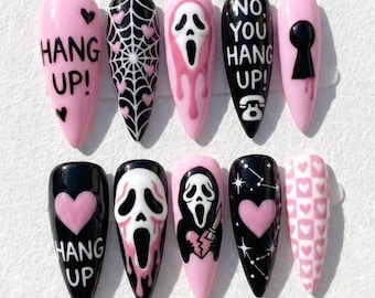 Pink Ghost Mask Halloween Press On Nails, Gothic Heart Spider Web Nail Art, Spooky Cute Handmade Custom Fake Nails, Pink Gel Nail Set