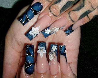 Midnight Blossom Butterfly Press On Nails | Deep Blue Butterfly Wing Nail Art | 3D White Floral Accents