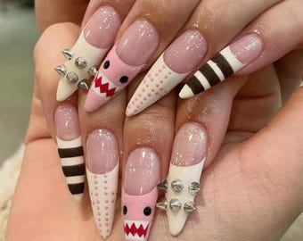 Kawaii Monster Press On Nails, Pink Character Nail Art, Studded Stiletto Fake Nails, Y2K Harajuku Alternative Handmade Reusable Nail Set