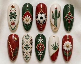Mexico Soccer Press On Nails, Green Red Floral Nail Set, Luxury 3D Football Nails, Talavera Inspired Handmade Nails, World Cup Inspired 2026