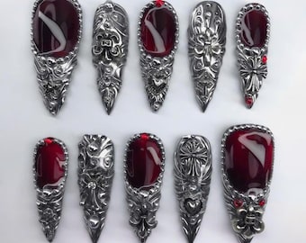 Baroque Gothic Press On Nails, Silver Chrome and Red 3D Sculpted Nails, M, Handmade Dark Gothic Nail Set, Méh Nails Art