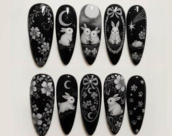 Midnight Moon Bunny Press On Nails, Black White Gothic Rabbit Nail Art, Celestial Floral Hand Painted Nails, Dark Fairycore Almond Nails