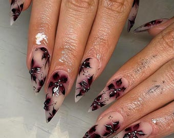Dark Gothic Floral Nails, Handpainted Dark Purple Press On Nails with Black Flower Press Ons, Moody Nails, Fake Nails, Acrylic Nails