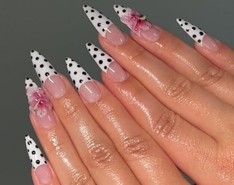 Polka Dot Floral Press On Nails | White & Black Stiletto Nail Art | 3D Orchid Flower Accent Nails | Handmade Elegant Nails