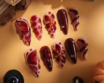 Bloody Kiss Vampire Press On Nails, Red Blood Effect Gothic Halloween Nails with 3D Bow and Flower Handmade Nail Set