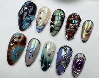 Handmade Press On Nails, Crazy Star Almond Nails, Party Wedding Nails, Handmade Nail Art for Everyday Wear or Gift