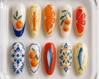 Mediterranean Summer Press On Nails, Sardine Fish Orange Shrimp Nails, Coastal Italian Summer Nail Set, 3D Glossy Fruit Seafood Nails