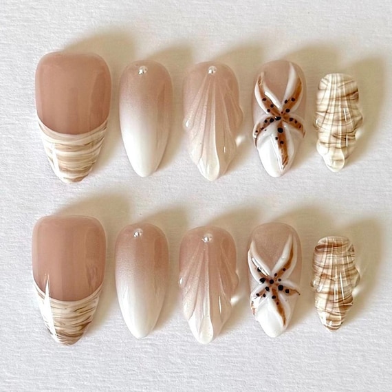 Sandy Dune Glow Press-on Nails – Summer Beach Vacation Nail, Coastal Elegance Nail, Hand-Sculpted 3D Shell & Starfish, Luxury Press-Ons
