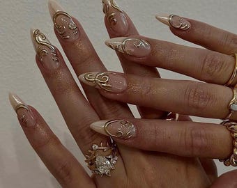 Gold Swirl Press On Nails/Handmade Gel Nails In Medium Stiletto/Glue On Nails/Fall Nails/Birthday Wedding Vacation Faux Nails/Gift for Her