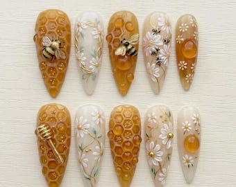 Honey Bee Stiletto Press On Nails, Daisy Flower & Honeycomb Nail Art, Cute Handmade Fake Nails, Spring Summer Bee Nail Set, Floral Nails