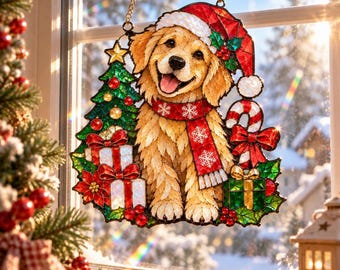Christmas Golden Retriever Suncatcher, Stained Glass Dog Ornament, Golden Retriever Christmas Decor, Dog Lover Gift, Holiday Window Hanging