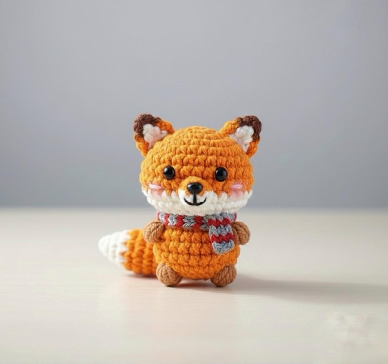 May include: A crocheted fox figurine with orange, white, and brown yarn. The fox has a white and red scarf, black eyes, and pink cheeks. The fox's tail is white-tipped. The fox is a handmade item.