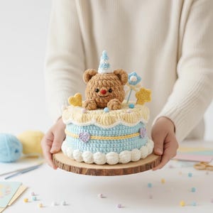 May include: A crocheted birthday cake with a brown bear wearing a party hat. The cake has a light blue base with yellow and white details, decorated with hearts and stars. It rests on a wooden base.