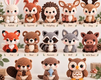 BUY 5 GET 1 - Crochet Woodland Animals, Handmade Forest Animal Figurines, Cute Nursery Decor, Woodland Party Decor, Baby Shower Centerpiece