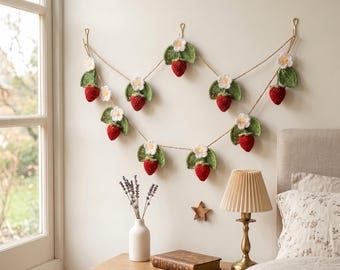 Crochet Strawberry Wall Hanging, Handmade Strawberry Garland, Cottagecore Room Decor, Cute Fruit Bedroom Decoration, Strawberry Flower