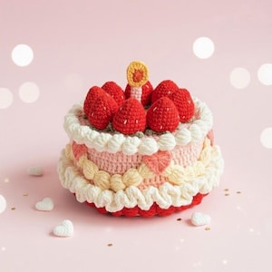 Può includere: Una torta all'uncinetto con fragole rosse, una candela gialla e glassa bianca. La torta ha strati di rosa, giallo e rosso, con decorazioni bianche a forma di cuore. Lo sfondo è rosa tenue.