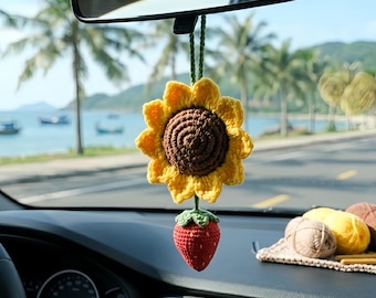 Crochet Sunflower Car Hanging Charm, Handmade Strawberry Rear View Mirror Decor, Cute Crochet Flower Car Accessory, Cottagecore Car Ornament