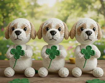 Crochet Dog Plush – Handmade St Patrick's Day Puppy with Shamrock