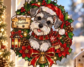 Schnauzer Christmas Ornament, Dog Lover Gift, Christmas Tree Suncatcher, Stained Glass Style Holiday Decor