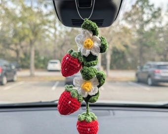 Crochet Strawberry Car Charm, Handmade Amigurumi Strawberry Car Decor