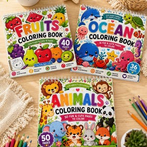 Puede incluir: Tres libros para colorear con encuadernación en espiral titulados Fruits, Ocean y Animals. El libro Fruits tiene 40 páginas, el libro Ocean 36 páginas y el libro Animals 50 páginas. Cada portada muestra coloridas ilustraciones de dibujos.