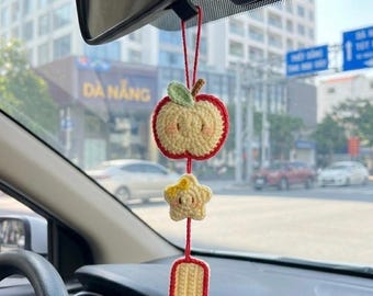 Crochet Apple Car Hanging Ornament – Handmade Fruit Car Charm, Cute Peach Apple Rearview Mirror Decor, Kawaii Car Accessory, Gift for Her