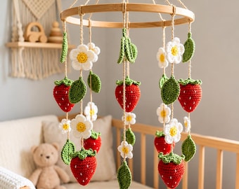 Crochet Strawberry Baby Mobile – Handmade Crib Mobile with Flowers, Strawberry Nursery Decor, Baby Shower Gift