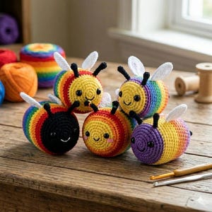 May include: A collection of five handmade crochet bees with rainbow-colored bodies and yellow heads. Each bee has white wings, black antennae, and a smiling face. The bees are arranged on a wooden surface.