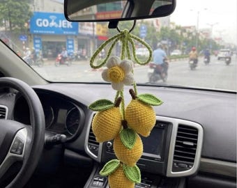 Crochet Lemon Car Charm, Handmade Amigurumi Lemon Car Decor, Bag Charm, Gift For Her