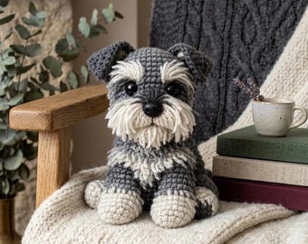 Crochet Schnauzer Plushie – Handmade Amigurumi Dog, Miniature Gray Puppy Toy, Cute Pet Lover Gift, Realistic Knit Dog Decor