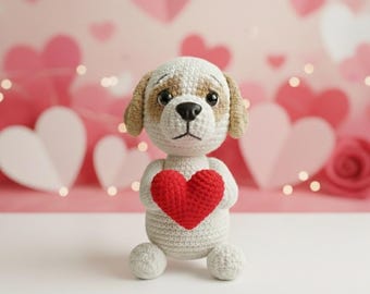 Crochet Dog Plush with Heart – Handmade Amigurumi Puppy, Valentine's Gift