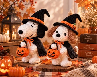 Halloween Snoopy Crochet Plush - Handmade Amigurumi Dog Halloween with Pumpkin, Cute Halloween Gift, Trick or Treat, Halloween Decor