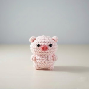 May include: A small, handmade crochet pig in soft pink yarn. The pig has black eyes, a red nose, and small ears. The amigurumi pig is standing upright on a light-colored surface. This adorable pig is a cute handmade toy.