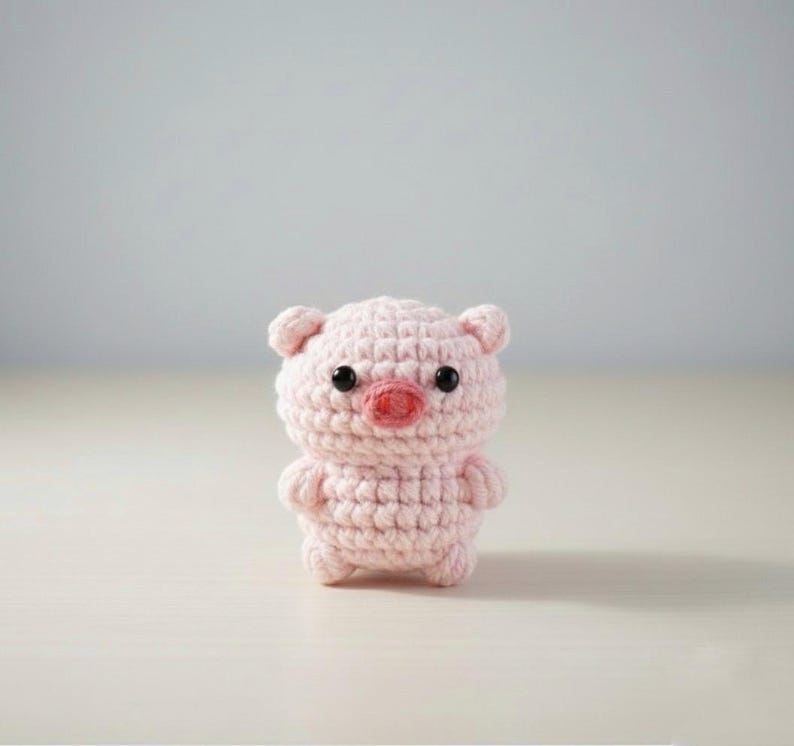May include: A small, handmade crochet pig in soft pink yarn. The pig has black eyes, a red nose, and small ears. The amigurumi pig is standing upright on a light-colored surface. This adorable pig is a cute handmade toy.