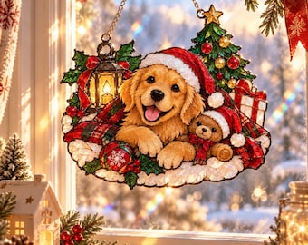 Golden Retriever Christmas Suncatcher, Dog Lover Window Decor, Stained Glass Dog Ornament, Christmas Dog Gift, Pet Memorial Gift