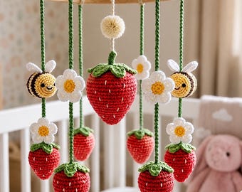 Crochet Strawberry Baby Mobile – Handmade Crib Mobile with Flowers, Strawberry Nursery Decor, Baby Shower Gift