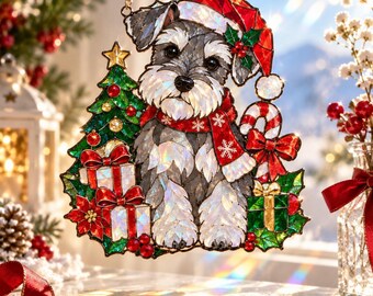 Schnauzer Christmas Ornament, Dog Lover Gift, Christmas Tree Suncatcher, Stained Glass Dog Decor, Holiday Pet Gift