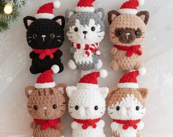 Crochet Plush Cat Keychain Set – Handmade Amigurumi Christmas Cat Black, Tabby Cat, Calico Cat, Siamese Cat - Christmas Gift