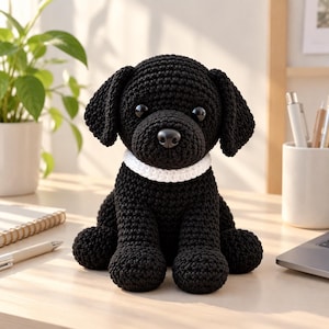May include: A black crocheted dog figurine with floppy ears, a smooth black nose, and shiny black eyes. The dog wears a simple white crocheted collar around its neck. The yarn texture is visible throughout the entire body of the stuffed animal.