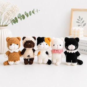 May include: Five small crocheted cat figurines arranged in a row. The cats feature different colour patterns including solid brown, dark brown and cream, calico, solid white with a pink collar, and solid black with a white collar and white paws.