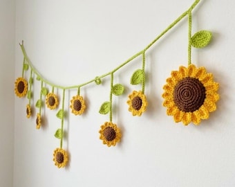 Sunflower Crochet Garland Wall Hanging, Handmade Sunflower Room Decor, Boho Floral Nursery Decor, Rustic Bedroom Hanging, Cute Gift for Her