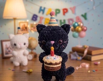 Crochet Birthday Cat Plush – Handmade Amigurumi Cat Plush with Cake, Crochet Cupcake, Birthday Gift, Gift for girl