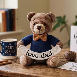 May include: Crocheted teddy bear wearing a blue sweater and a brown bow tie, holding a banner that reads "love dad". A blue mug with "DAD'S COFFEE" is on the left. The bear is brown and beige, with a white banner.